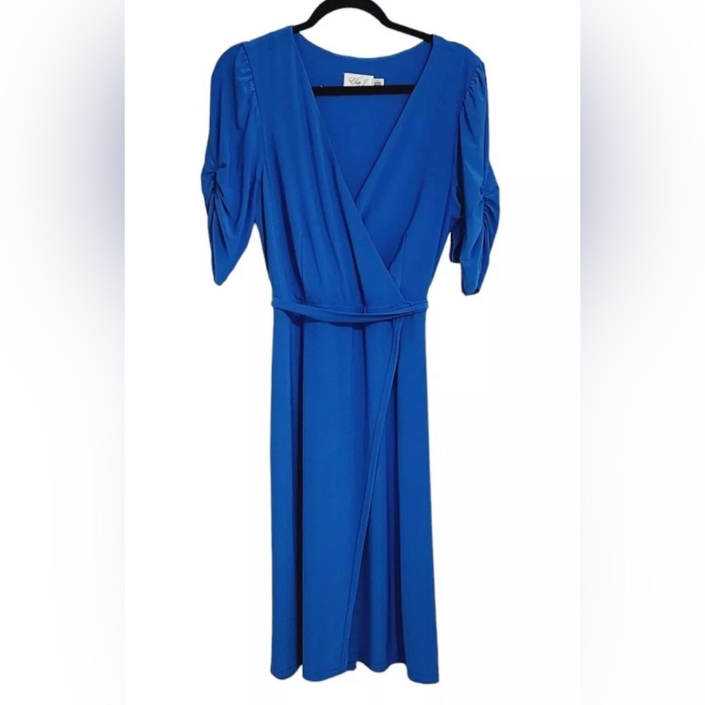 🆕 ELIZA J Faux Wrap Tie Waist Deep V-Neck & Ruched Sleeve Midi Dress | Sz. 12